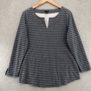 Talbots Shirt Womens 1X Plus Gray Striped Ruffle Long Sleeves V Neck Pullover